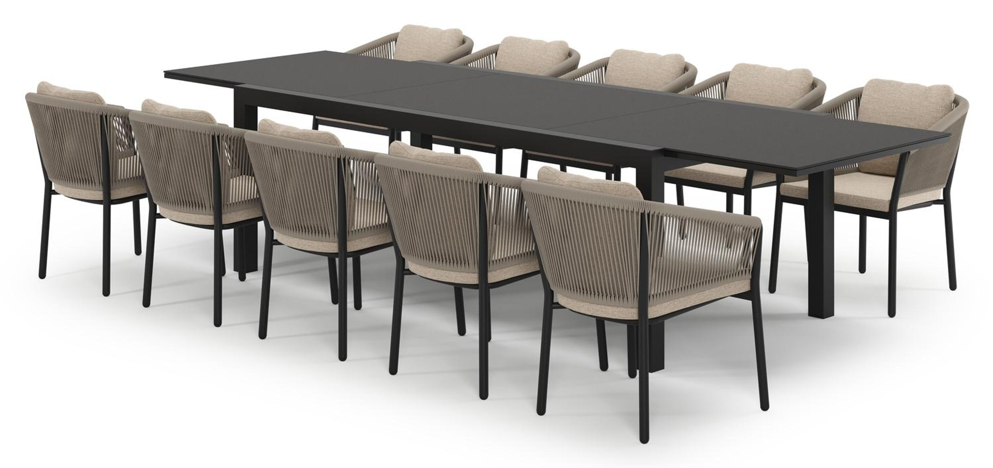 Calobra uitschuifbare tuinset in zwart aluminium en notte minerale sintered stone met 10 Gerona tuinstoelen