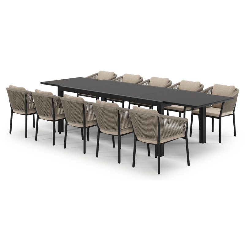 Calobra uitschuifbare tuinset in zwart aluminium en notte minerale sintered stone met 10 Gerona tuinstoelen