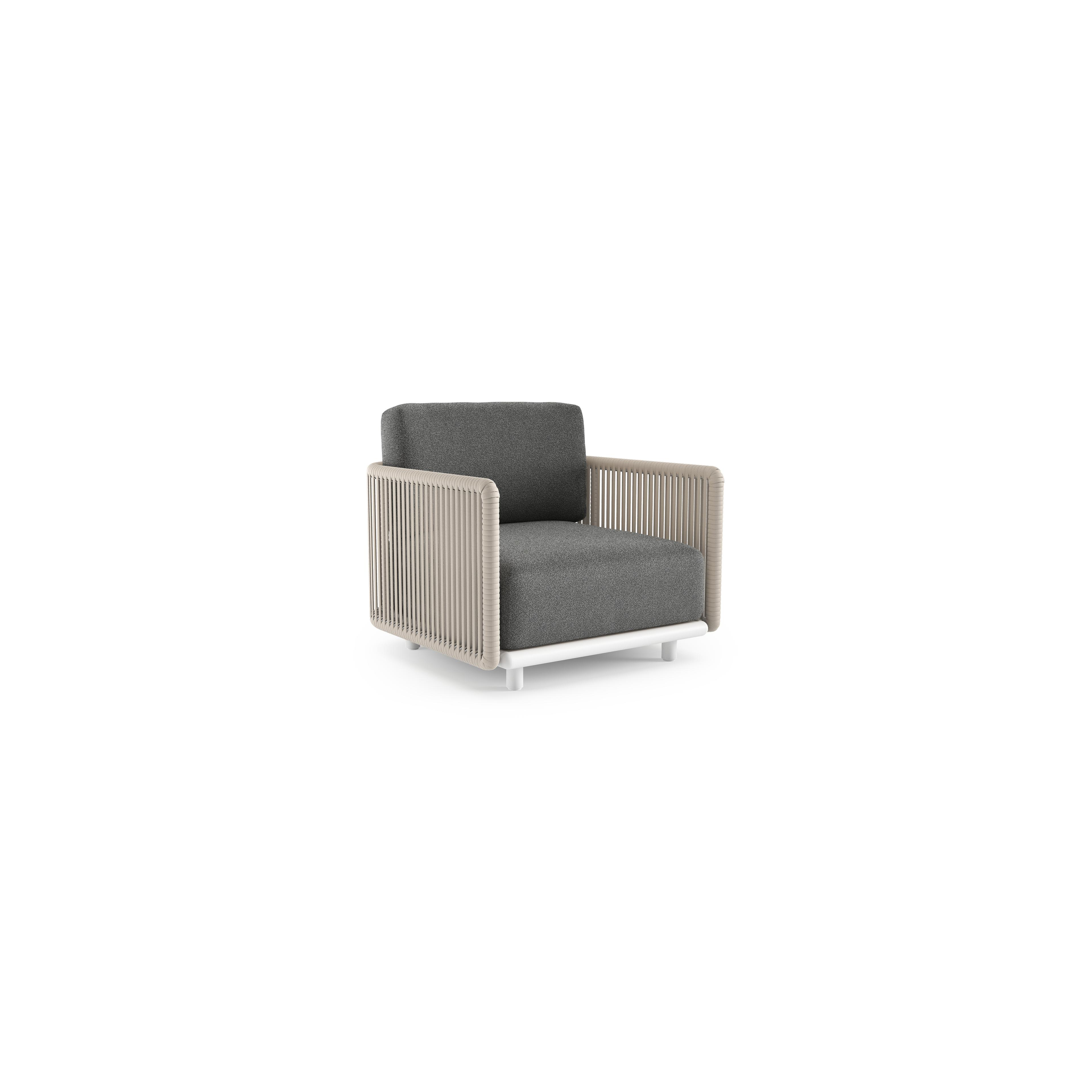 Fauteuil de jardin Organo en aluminium blanc et corde luxe plate tissée verticalement beige et coussin en all weather Cosytica catania black