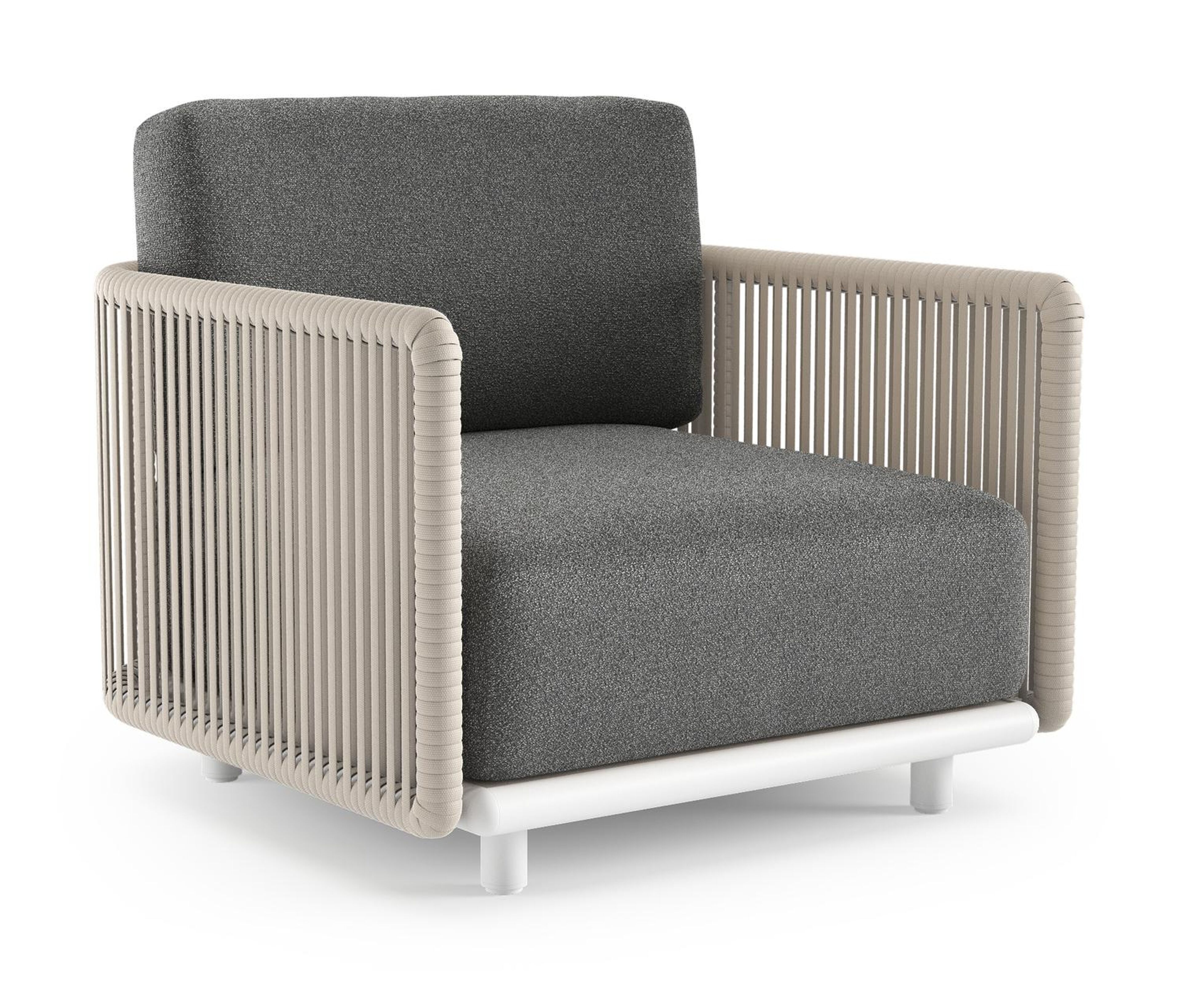 Fauteuil de jardin Organo en aluminium blanc et corde luxe plate tissée verticalement beige et coussin en all weather Cosytica catania black