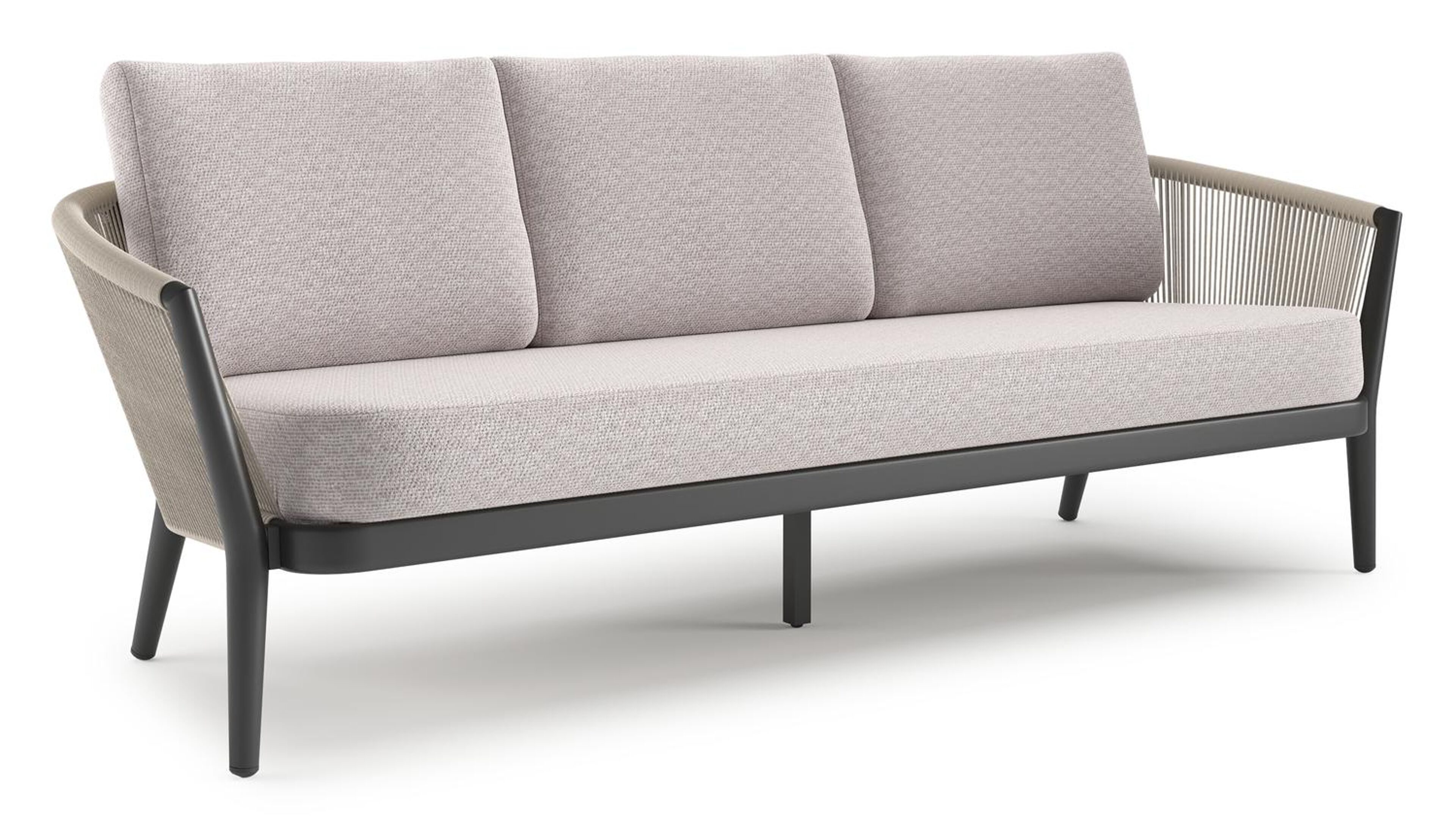 Orso loungebank in zwart aluminium en beige verticaal geweven ronde rope met Wander Gobi all weather sunbrella® luxe kussen