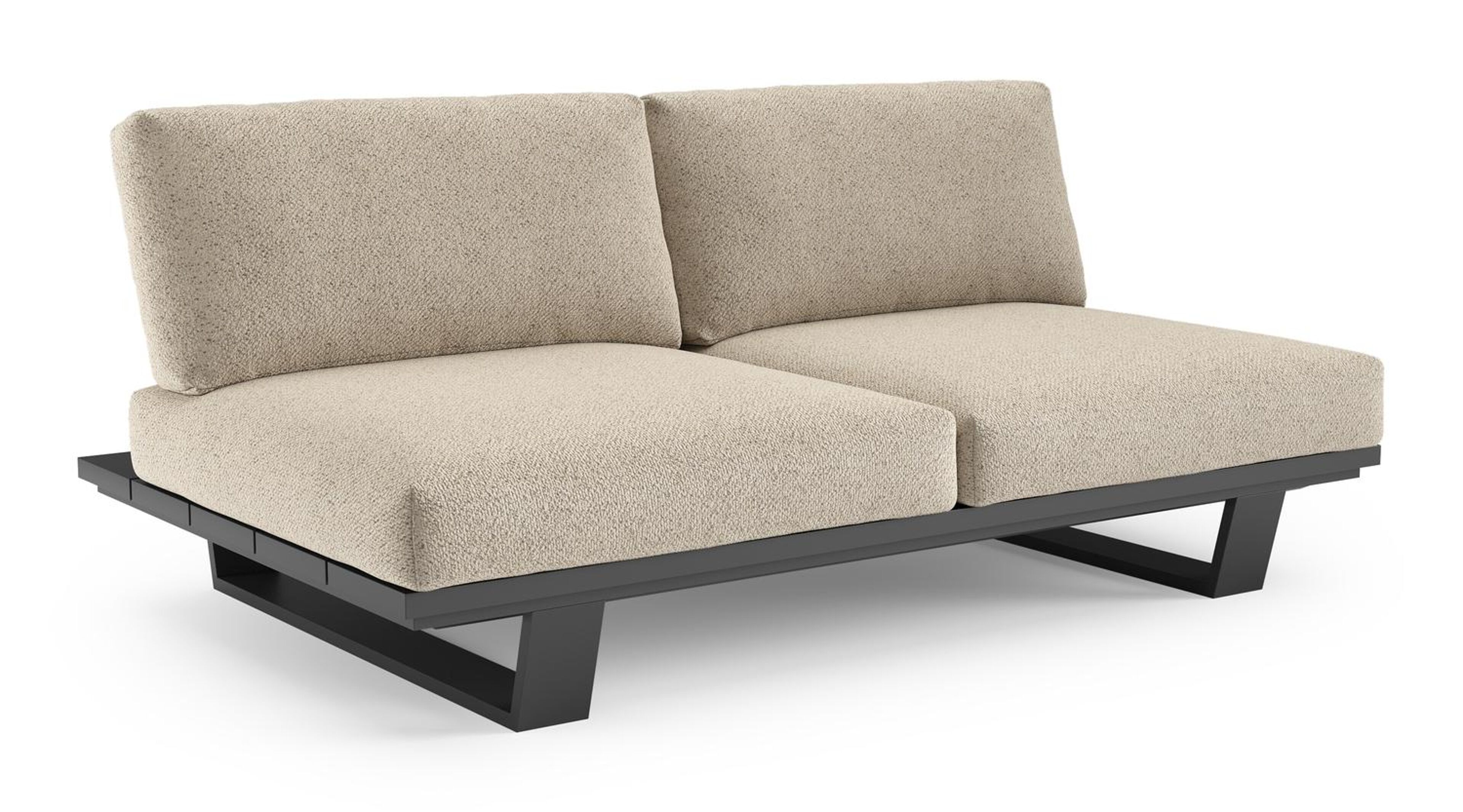 Canapé de jardin Pagino en aluminium noir et coussins en all weather cosytica bora desert