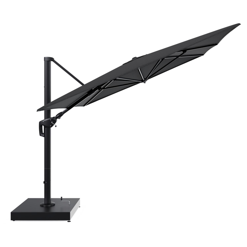 Parasol pendant Minore avec fonction tilt en aluminium noir et toile de parasol All Weather Sunbrella® Luxe Chartres Sooty - Lg.1 400 x Lg.2 300 cm avec pied de parasol Minore 260 kg avec roulettes