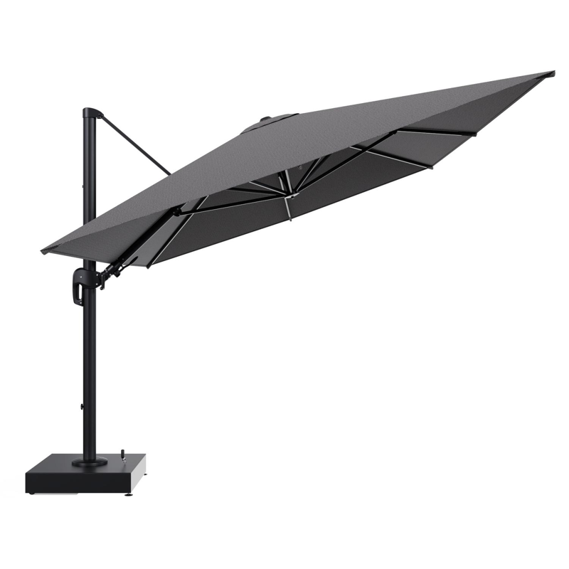 Rufina zweefparasol met tiltfunctie in zwart aluminium en Firenze Tunder All Weather Solica parasoldoek - L1 400 x L2 300 cm met parasolvoet Minore 150 kg met wielen
