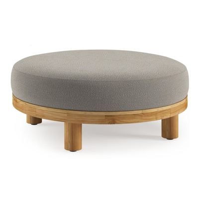 Salon de jardin pouf Donato en teck et corde ronde tissée verticalement beige et coussins en all weather sunbrella® luxe Lopi Silver