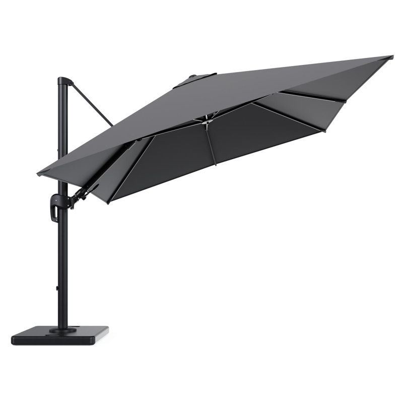 Rufina zweefparasol tiltfunctie in zwart aluminium en parasoldoek in All Weather Sunbrella® Luxe Natte Charcoal Chine - L1 300 x L2 300 cm met parasolvoet Lapido 120 kg