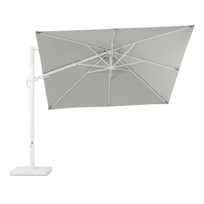 Rufina zweefparasol met tiltfunctie in wit aluminium met grijs all weather sunbrella® premium parasoldoek - L1: 300 x L2: 300 cm (met voet)