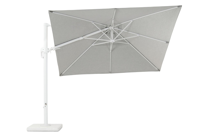 Rufina zweefparasol met tiltfunctie in wit aluminium met grijs all weather sunbrella® premium parasoldoek - L1: 300 x L2: 300 cm (met voet)