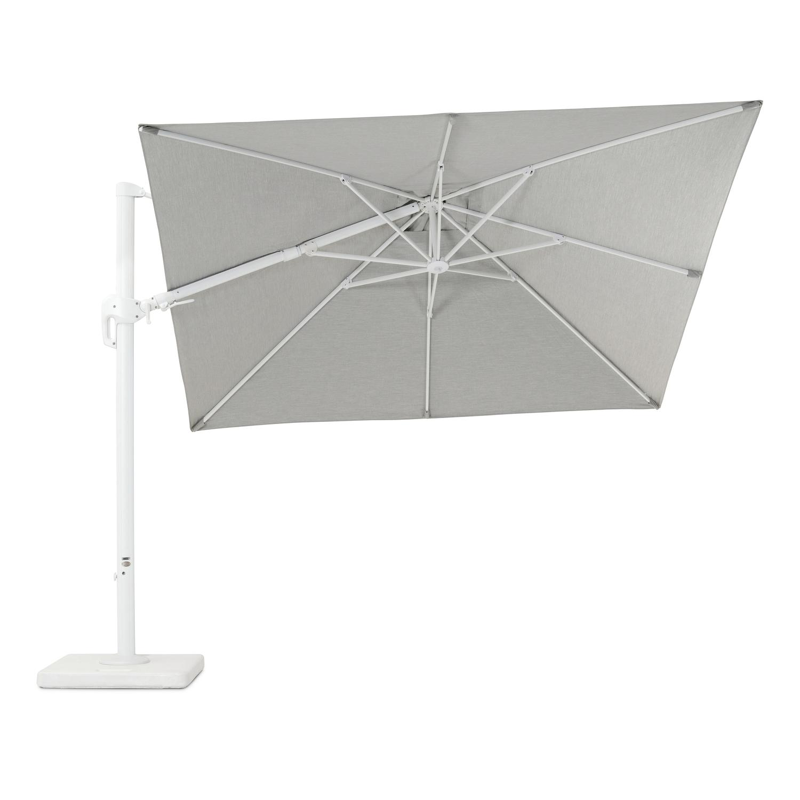 Rufina zweefparasol met tiltfunctie in wit aluminium met grijs all weather sunbrella® premium parasoldoek - L1: 300 x L2: 300 cm (met voet)