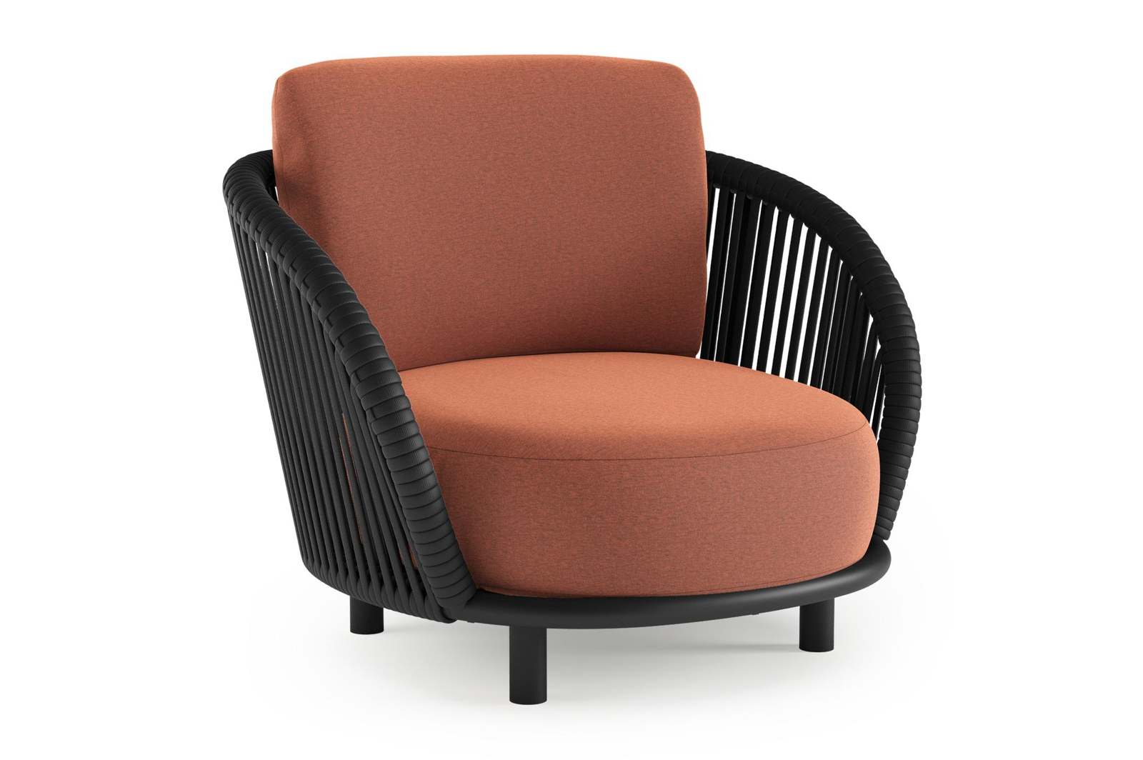 Lupino loungestoel in zwart aluminium en zwart verticaal geweven luxe vlakke brede rope met heritage rust all weather sunbrella® luxe kussen