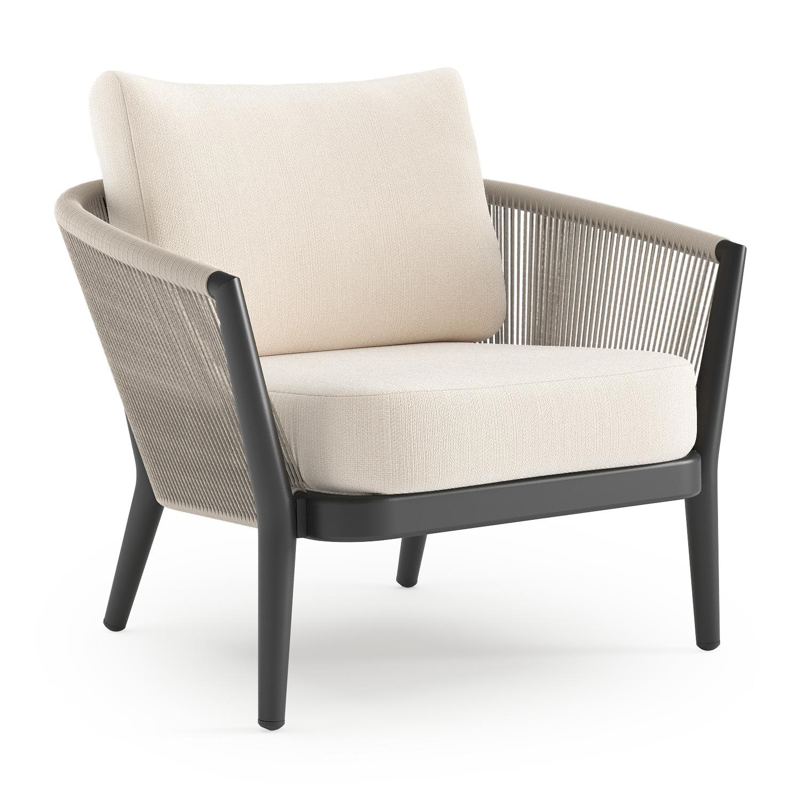 Orso loungestoel in zwart aluminium en beige verticaal geweven ronde rope met Lopi Snow all weather sunbrella® luxe kussen