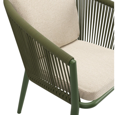 Orso tuinstoel in groen aluminium en groen verticaal geweven ronde rope met luxe zitkussen in All Weather Cosytica Althea Chalk