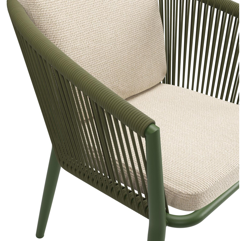 Orso tuinstoel in groen aluminium en groen verticaal geweven ronde rope met luxe zitkussen in All Weather Cosytica Althea Chalk