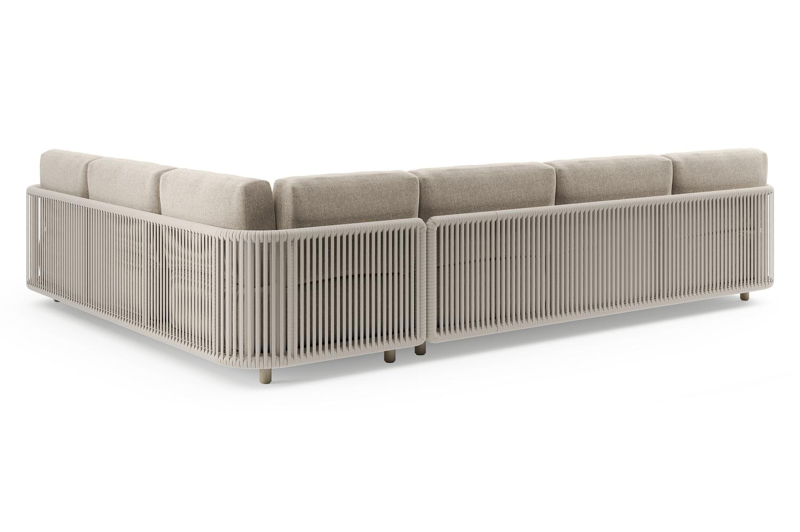 Organo loungehoek in beige aluminium en beige verticaal geweven luxe vlakke rope met chartres pewter all weather Sunbrella® luxe kussen