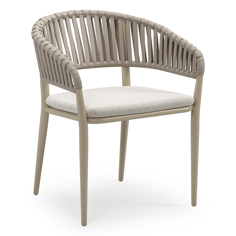 Tolfa stapelbare tuinstoel in beige aluminium en beige verticaal geweven luxe vlakke brede rope met stoelkussen in All Weather Solica Firenze Natural