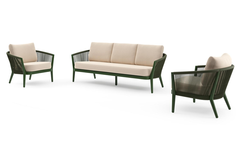 Orso loungeset in groen aluminium en groen verticaal geweven ronde rope met Heritage Papyrus all weather sunbrella® luxe kussen