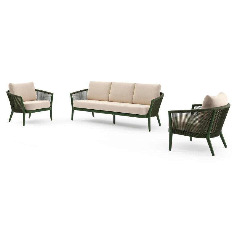 Salon de jardin Orso en aluminium vert en corde ronde tissée verticalement vert et coussins en all weather sunbrella® luxe Heritage Papyrus