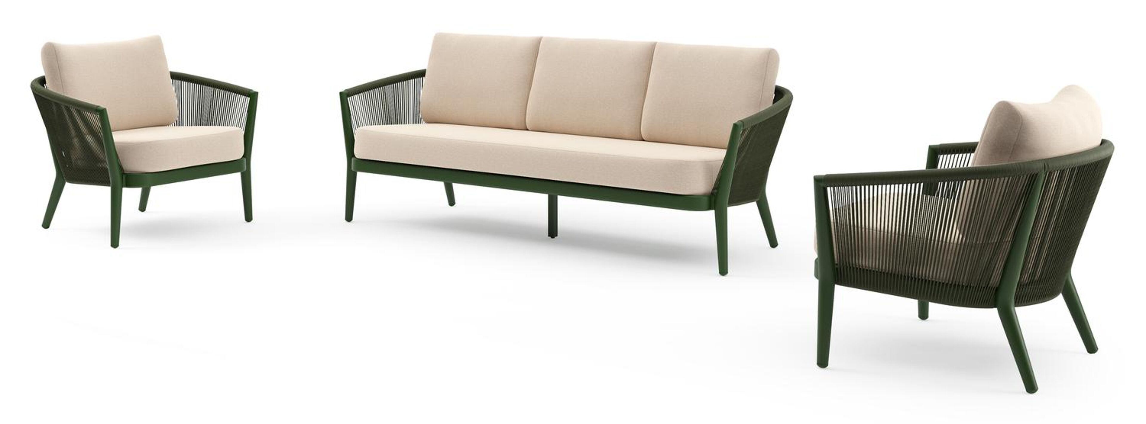 Orso loungeset in groen aluminium en groen verticaal geweven ronde rope met Heritage Papyrus all weather sunbrella® luxe kussen