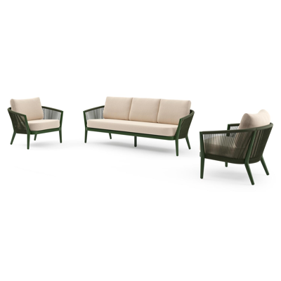 Orso loungeset in groen aluminium en groen verticaal geweven ronde rope met Heritage Papyrus all weather sunbrella® luxe kussen