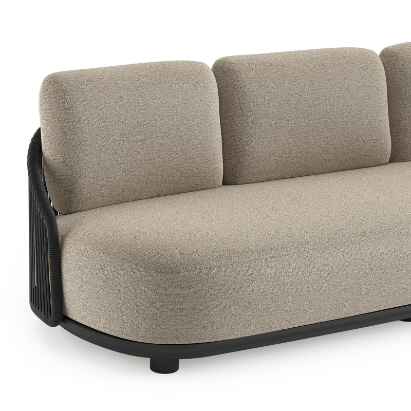 Vadelo loungebank in zwart aluminium en zwart verticaal geweven ronde rope met catania beige all weather cosytica kussen