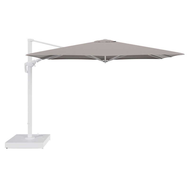 Minore zweefparasol met tiltfunctie in wit aluminium en Lopi Pepper All Weather Sunbrella® Luxe parasoldoek - L1 280 x L2: 370 cm met parasolvoet Minore 260 kg met wielen
