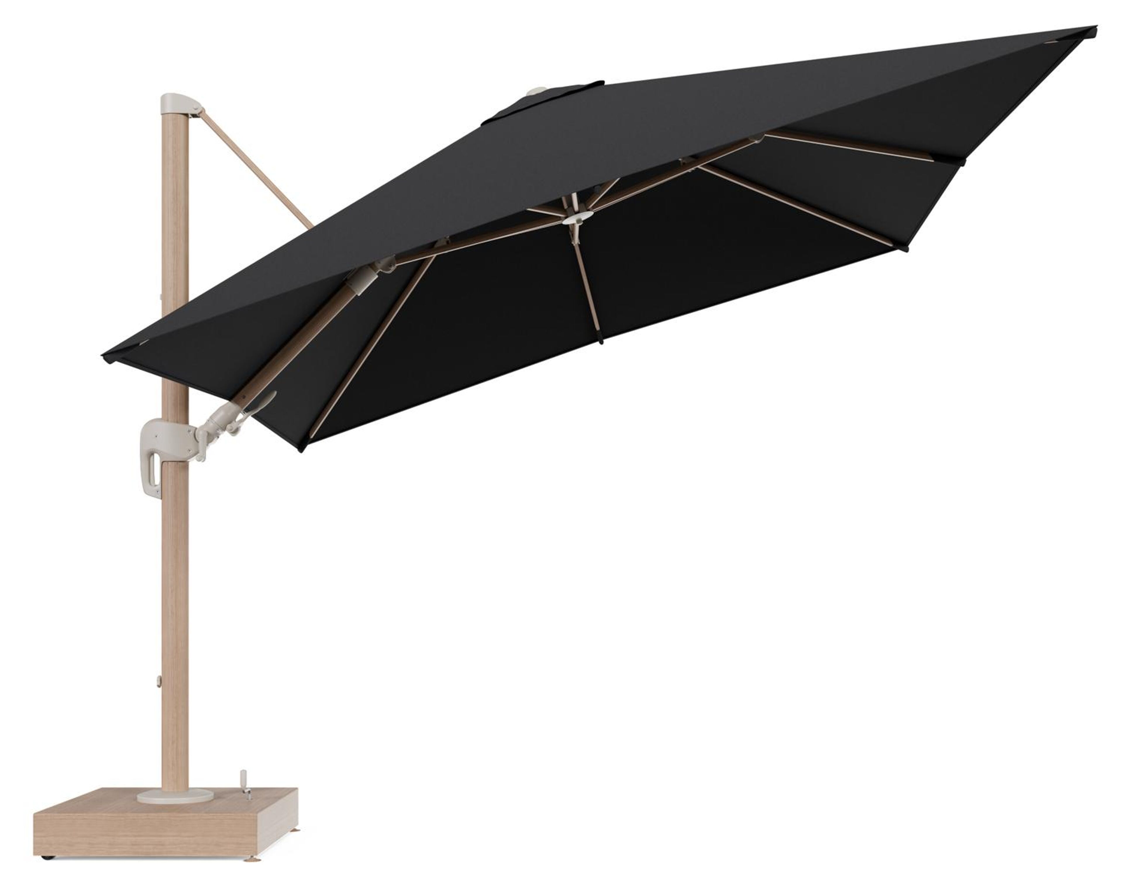 Rufina zweefparasol met tiltfunctie in houtlook aluminium en Natte Sooty All Weather Sunbrella® Luxe parasoldoek - L1 300 x L2 300 cm met parasolvoet Minore 150 kg met wielen