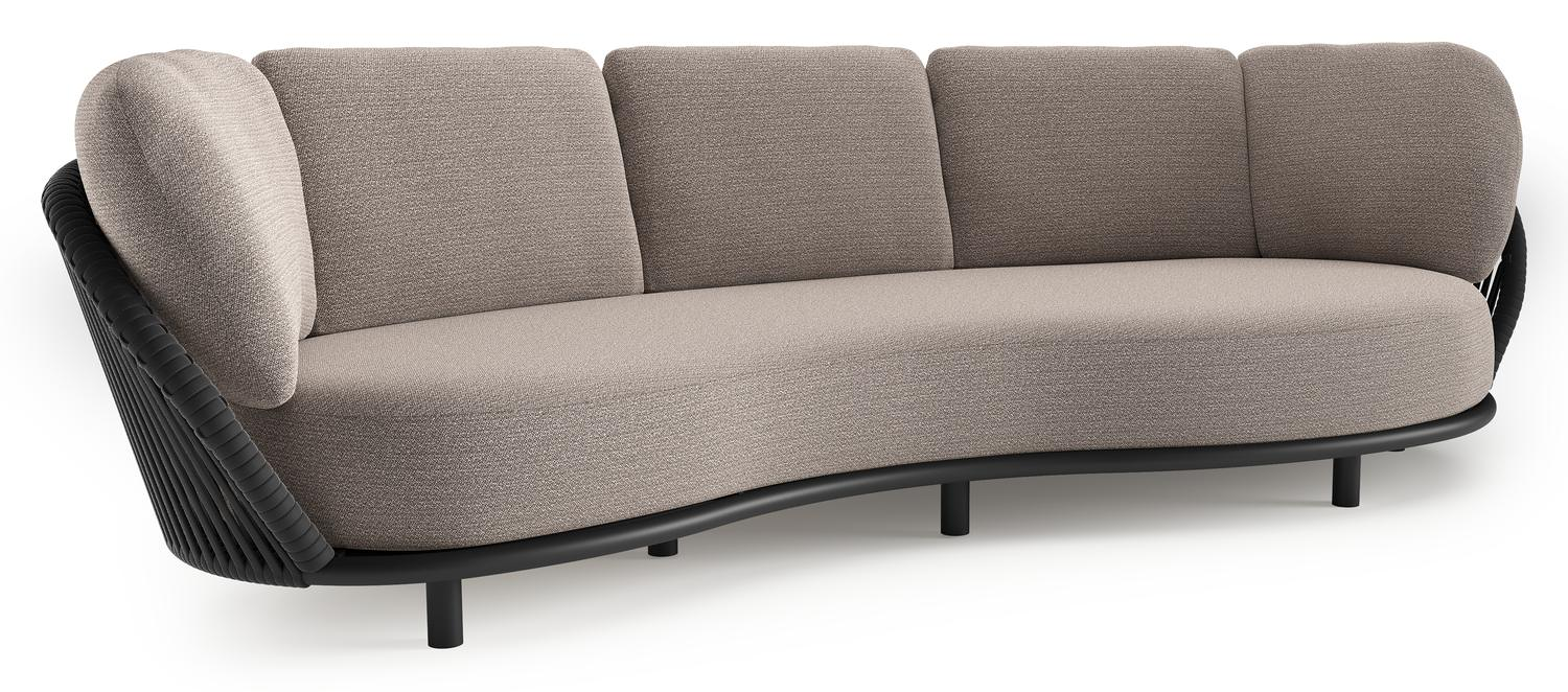 Lupino loungebank in zwart aluminium en zwart verticaal geweven luxe vlakke brede rope met wander granite all weather sunbrella® luxe kussen