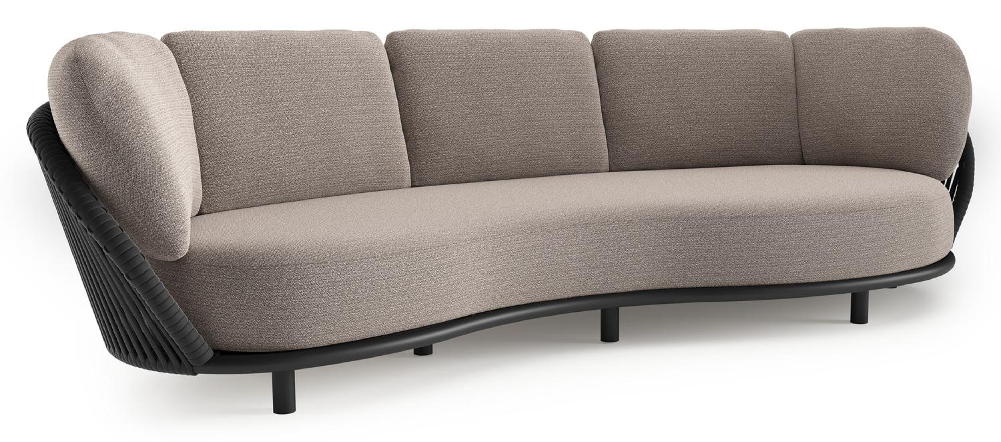 Lupino loungebank in zwart aluminium en zwart verticaal geweven luxe vlakke brede rope met wander granite all weather sunbrella® luxe kussen