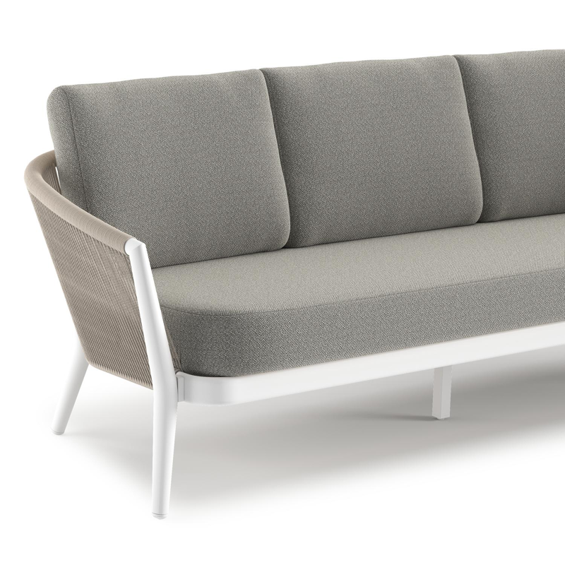 Canapé de jardin Orso en aluminium blanc en corde ronde tissée verticalement beige et coussins en all weather sunbrella® luxe Savane Tunder