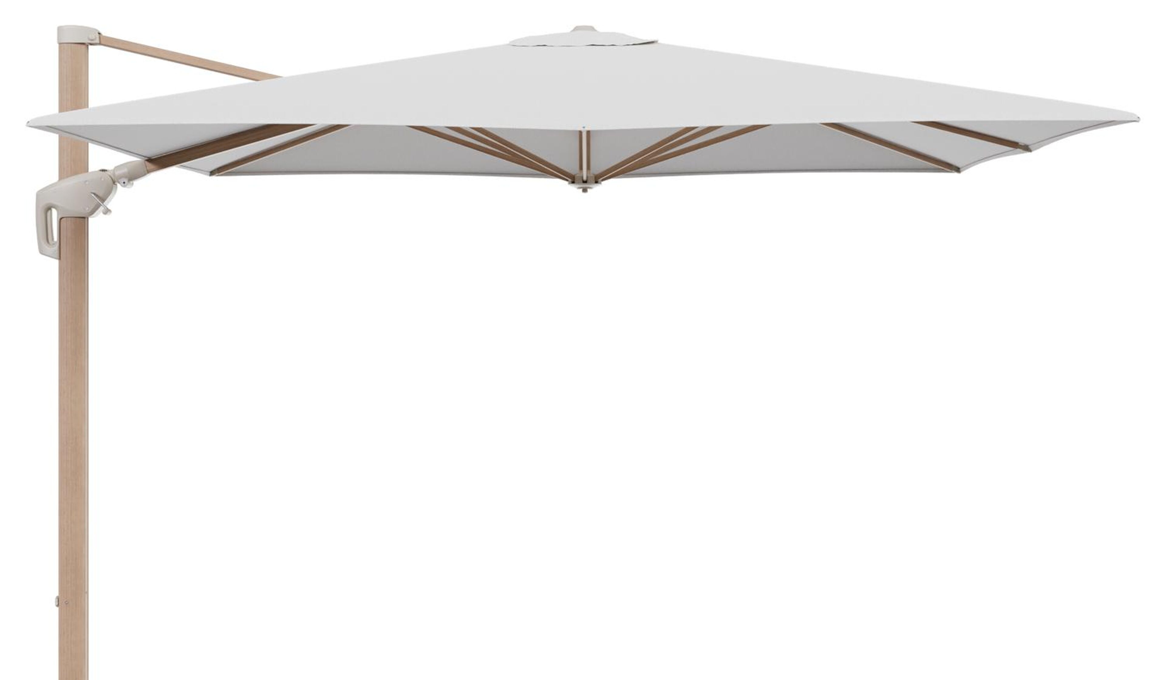 Minore zweefparasol met tiltfunctie in houtlook aluminium en Ego Birch All Weather Solica parasoldoek - L1 280 x L2 370 cm (zonder voet)