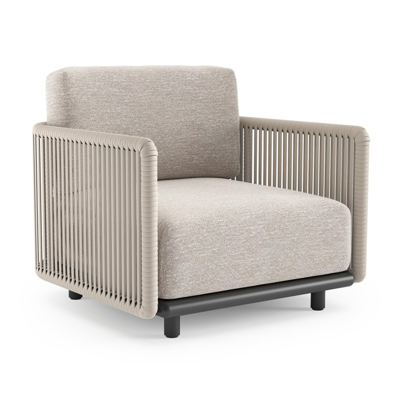 Organo loungestoel in zwart aluminium en beige verticaal geweven luxe vlakke rope met tundra sand all weather Sunbrella® luxe kussen