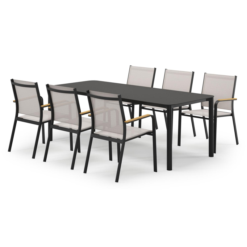 Mira rechthoekige afgeronde tuinset in zwart aluminium en sintered stone notte minerale met 6 Amalfi tuinstoelen