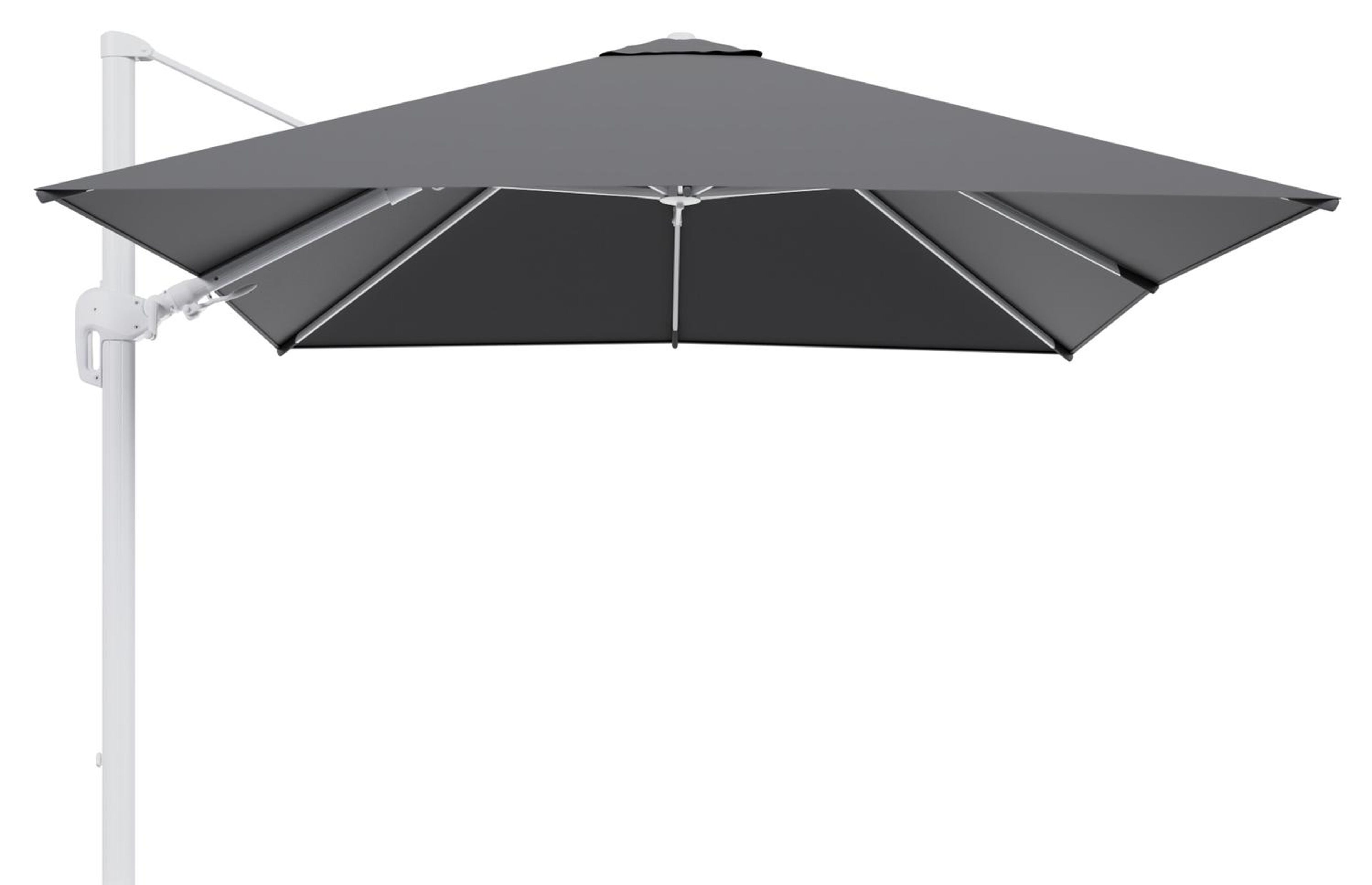 Parasol pendant Rufina avec fonction tilt en aluminium blanc avec toile de parasol en all weather sunbrella® luxe natte charcoal chine - Larg1 300 x Larg2 300 cm (sans pied de parasol)