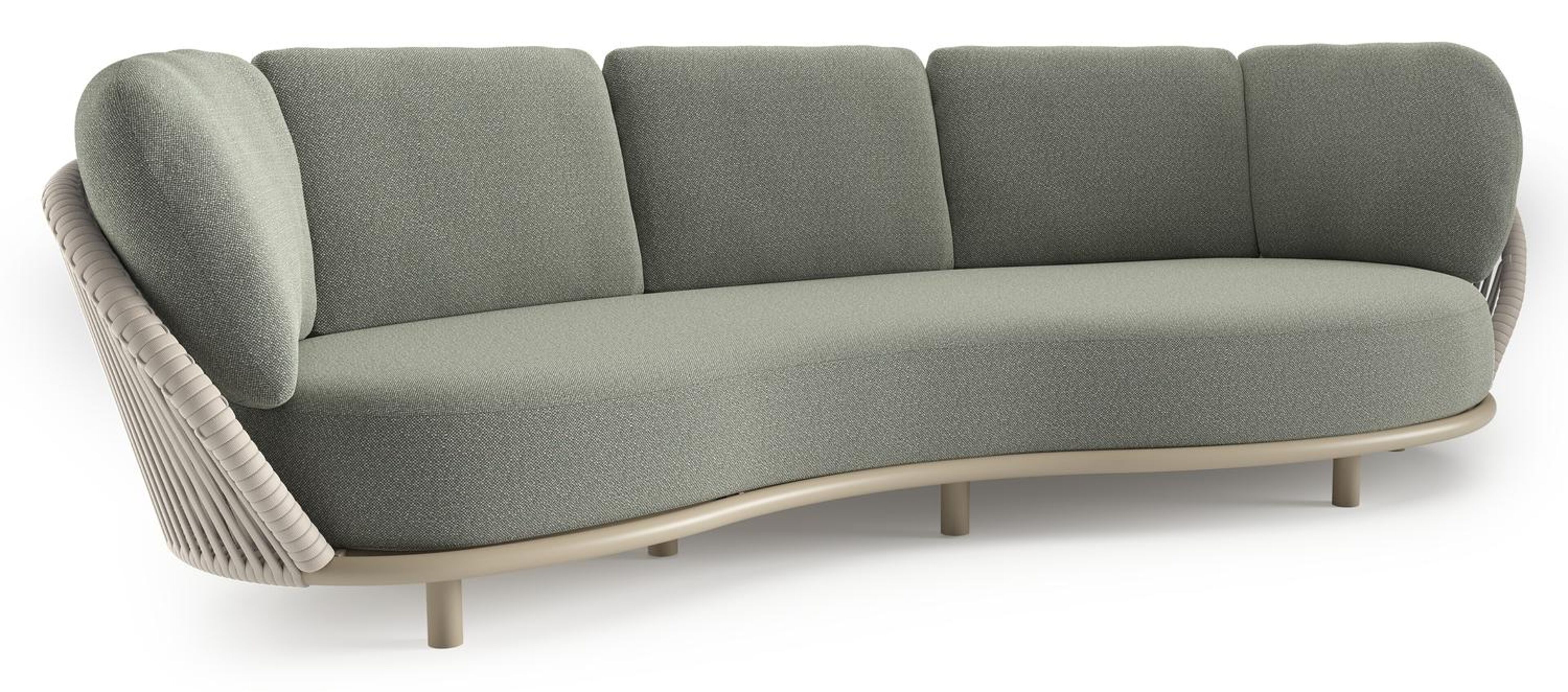 Canapé de jardin Lupino en aluminium beige et corde large plate de luxe tissée verticalement beige et coussins en all weather sunbrella® luxe savane leaf