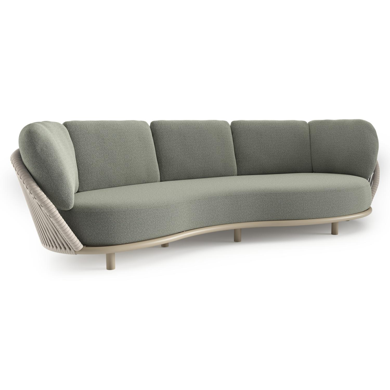 Canapé de jardin Lupino en aluminium beige et corde large plate de luxe tissée verticalement beige et coussins en all weather sunbrella® luxe savane leaf