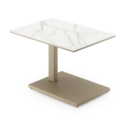 Table d'appoint pop-up Cirello rectangulaire en aluminium beige et céramique pleine Calacatta - Lg. 69.5 x Lrg. 50 x Haut. 66 cm
