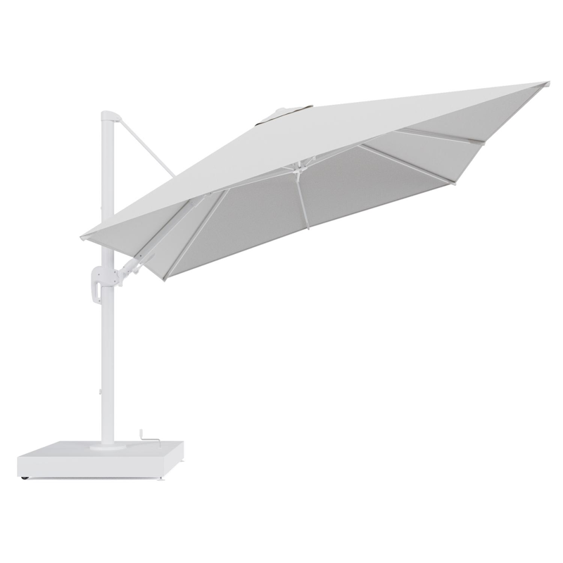 Rufina zweefparasol met tiltfunctie in wit aluminium en Ego Birch All Weather Solica parasoldoek - L1 300 x L2 300 cm met parasolvoet Minore 260 kg met wielen