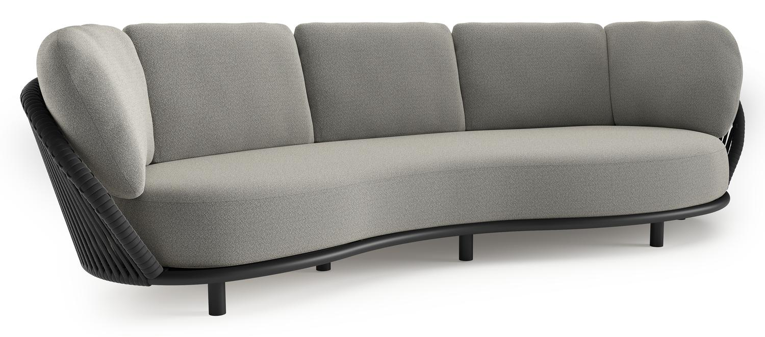 Lupino loungebank in zwart aluminium en zwart verticaal geweven luxe vlakke brede rope met savane tunder all weather sunbrella® luxe kussen