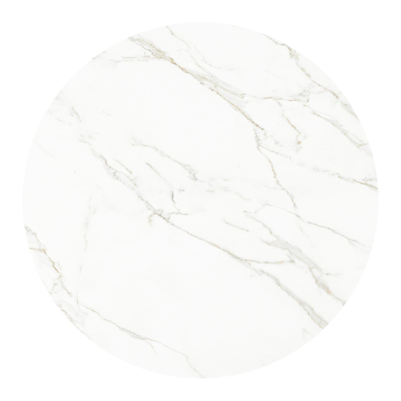 Table de jardin Fano ronde en aluminium beige et céramique pleine Calacatta - Diam. 130 x Haut. 75 cm