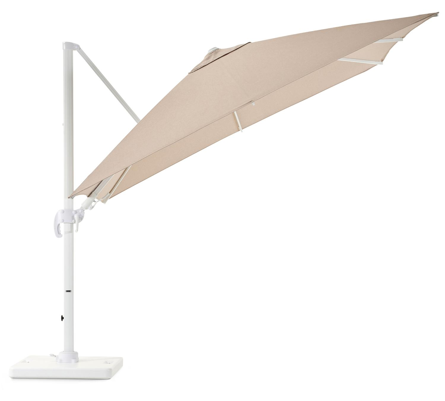 Avola zweefparasol met tiltfunctie in wit aluminium en natural Weather+ Softtouch parasoldoek - L1 300 x L2 300 cm met Pedito parasolvoet 120 kg