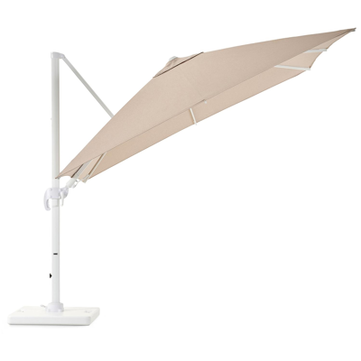 Avola zweefparasol met tiltfunctie in wit aluminium en natural Weather+ Softtouch parasoldoek - L1 300 x L2 300 cm met Pedito parasolvoet 120 kg