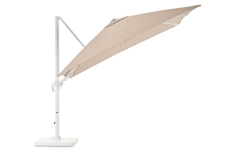 Avola zweefparasol met tiltfunctie in wit aluminium en natural Weather+ Softtouch parasoldoek - L1 300 x L2 300 cm met Pedito parasolvoet 120 kg
