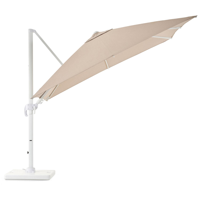 Avola zweefparasol met tiltfunctie in wit aluminium en natural Weather+ Softtouch parasoldoek - L1 300 x L2 300 cm met Pedito parasolvoet 120 kg