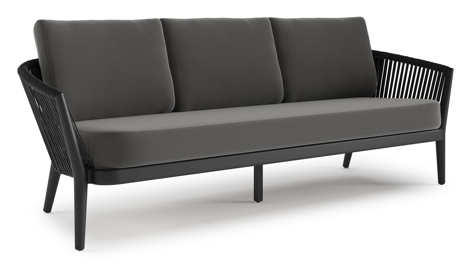 Orso loungebank in zwart aluminium en zwart verticaal geweven ronde rope met Natte Charcoal Chine all weather sunbrella® luxe kussen