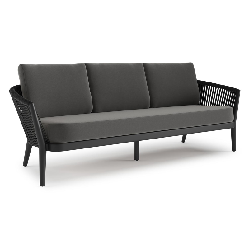 Orso loungebank in zwart aluminium en zwart verticaal geweven luxe vlakke rope met Natte Charcoal Chine all weather sunbrella® luxe kussen