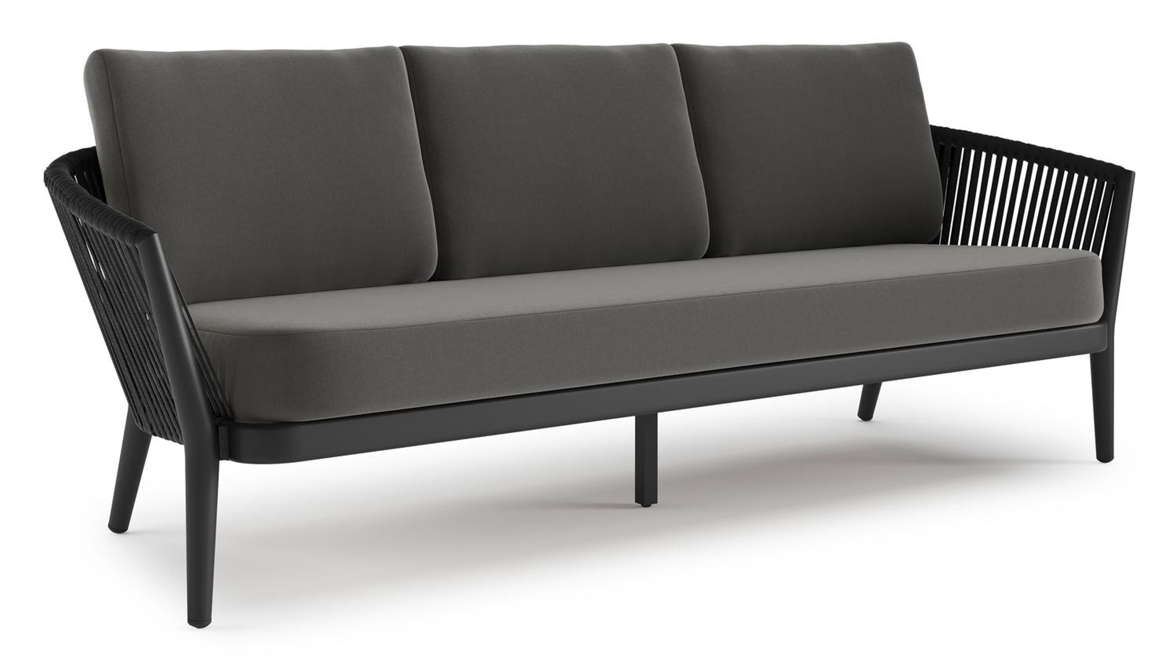 Canapé de jardin Orso en aluminium noir en corde luxe plate tissée verticalement noir et coussins en all weather sunbrella® luxe Natte Charcoal Chine