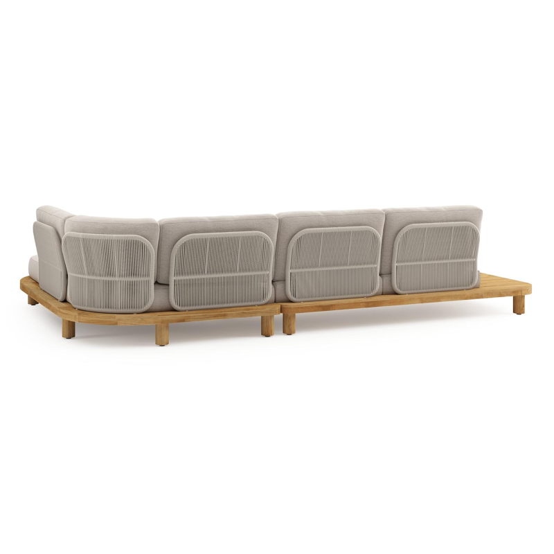 Donato loungehoek in teak en beige verticaal geweven ronde rope met all weather sunbrella® luxe Slow Farafra kussen