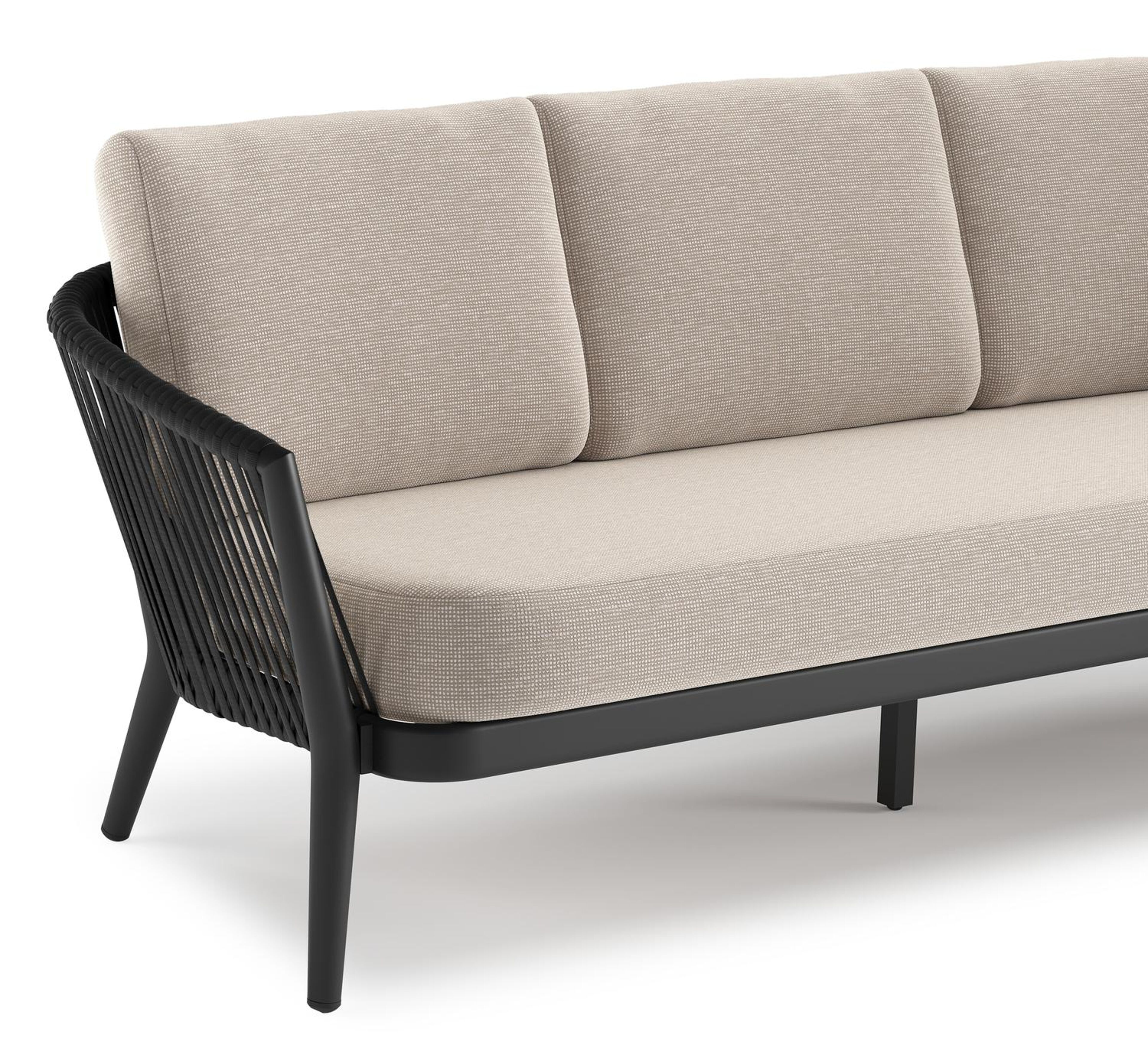 Orso loungebank in zwart aluminium en zwart verticaal geweven luxe vlakke rope met Slow Farafra all weather sunbrella® luxe kussen