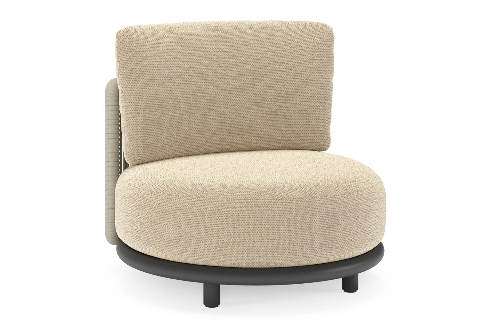 Lomano loungestoel in zwart aluminium en beige verticaal geweven luxe vlakke rope met Althea Camel all weather cosytica