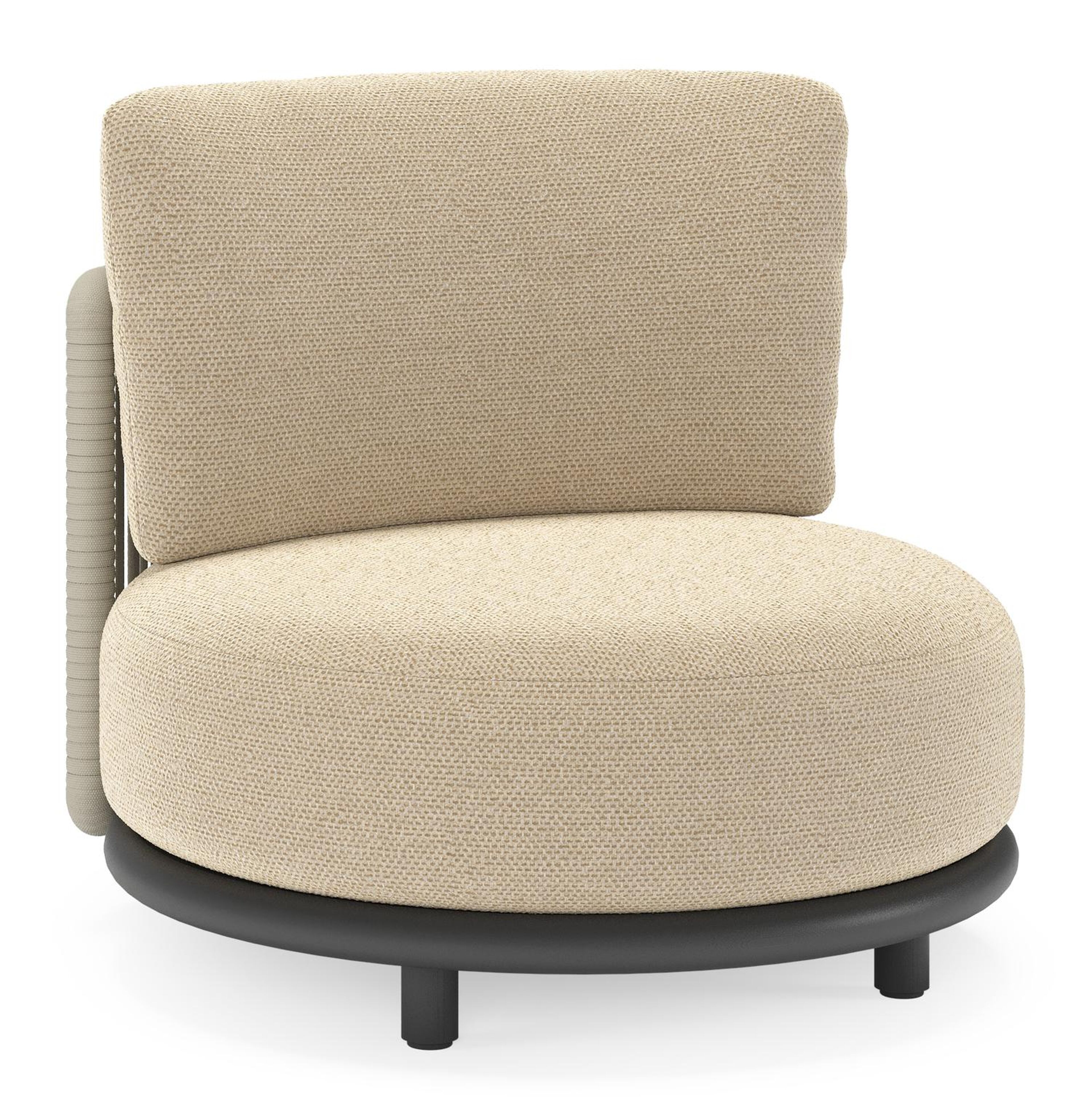 Lomano loungestoel in zwart aluminium en beige verticaal geweven luxe vlakke rope met Althea Camel all weather cosytica